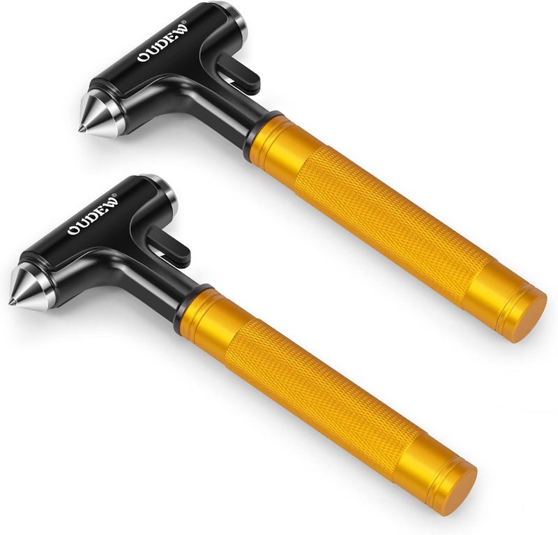 OUDEW 2 Packs Car Safety Hammer, Car Glass Breaker with Seat Belt Cutter, Automotive Escape Tool, Metal Window Breaker, Emergecy Safety Hammer for Accidents (Gold) - Image 1